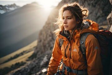A woman in climbing clothing with sunlight in the background climbing a mountain