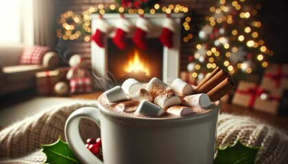 Wide close-up of a steaming mug of hot cocoa, topped with melting marshmallows and a sprinkle of cinnamon. In the soft-focus background