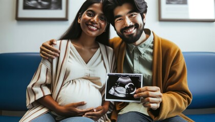 Close-up of a diverse couple in a hospital waiting room. The woman of South Asian origin is visibly pregnant and the man of indigenous origin is holding an ultrasound photo of their baby.