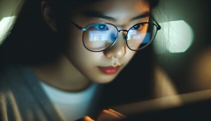 Close-up photo of a young Asian woman, her face illuminated by the soft glow of a laptop screen