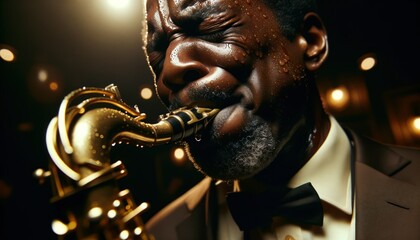 Obraz premium close-up of a middle-aged Black man passionately playing a vintage saxophone, sweat glistening on his forehead.