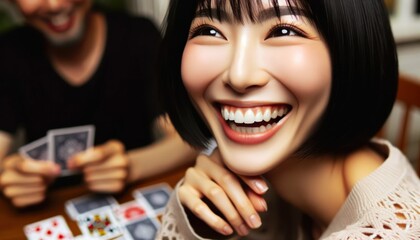 A close-up of a woman with fair skin and short, straight black hair, laughing wholeheartedly while playing cards with friends.