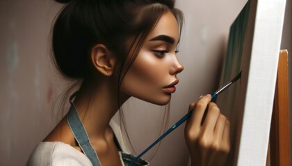 A close-up shot of a young woman with olive skin and a ponytail, focusing intently on painting a canvas.