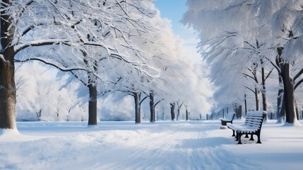 A serene park with snow-laden trees and benches
