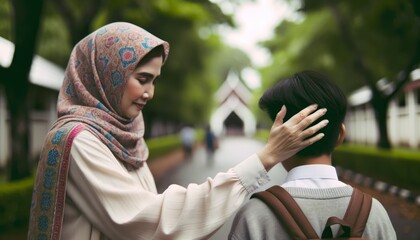 a close-up scene where a mother with a headscarf lovingly pats her son's head as they walk down a pathway leading to a school - obrazy, fototapety, plakaty