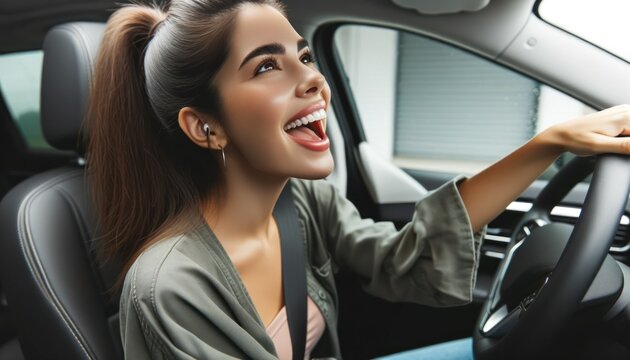 Close-up of a young Hispanic woman with brown hair tied in a ponytail, singing along to a song on the car radio