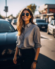 Obraz premium Woman posing in front of her electric vehicle