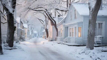 A silent street with historic homes dusted in white
