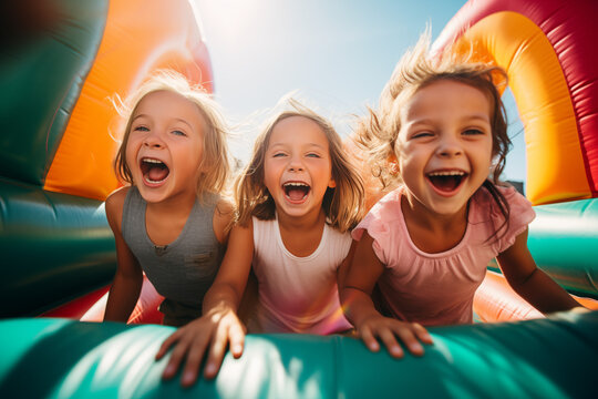 Lachende Kinder haben Spa&szlig; auf H&uuml;pfburg