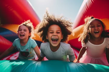 Fotobehang Lachende Kinder haben Spaß auf Hüpfburg © stockmotion