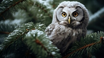 Fototapeta premium A vigilant owl perched in a frosted evergreen 