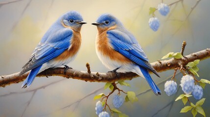 3d rendering two blue bird on branch - Powered by Adobe