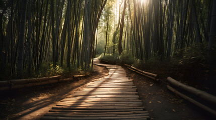 Walking through a serene bamboo forest on a bamboo path. The lush green stalks stand tall. Sunlight gently filter through and create intriguing shadows. Created using Generative AI technology