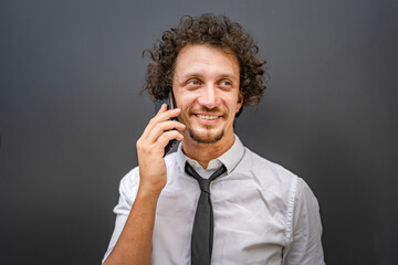 man businessman wear shirt use mobile phone smartphone make call talk