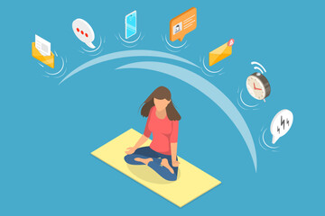 3D Isometric Flat Vector Illustration of Digital Detox, Stress Management, Meditation and Relaxation