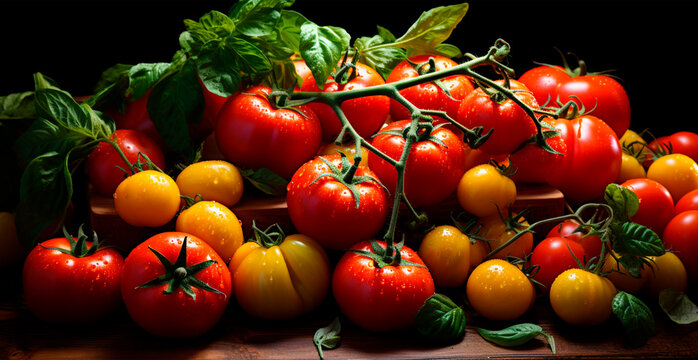 Lots of ripe red fresh tomatoes, eco products - AI generated image