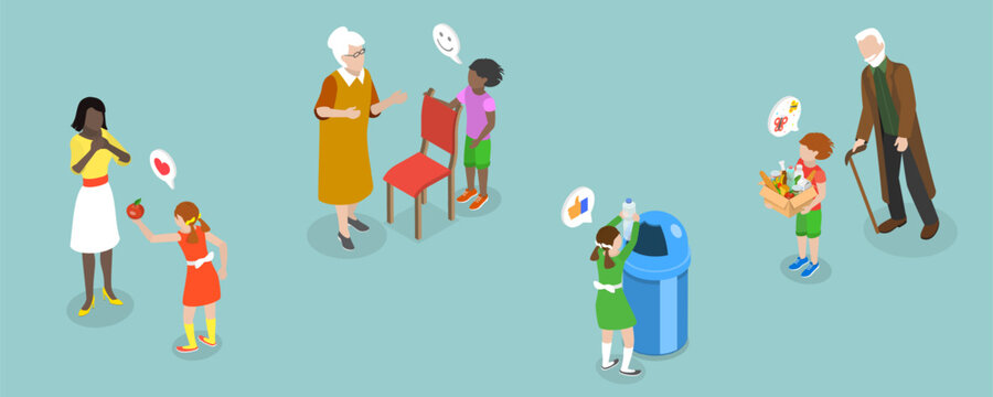 3D Isometric Flat Vector Illustration of Child Behavior, Kids with Good Manners