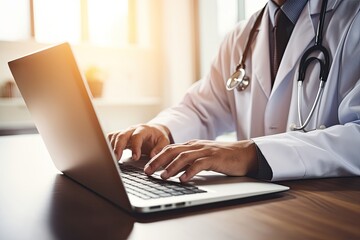 In a doctor's office, a close-up of a male doctor diligently working and typing on his laptop, while a stethoscope and digital tablet sit on the table nearby.  - obrazy, fototapety, plakaty