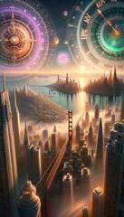 Cityscape of the Future: Where Time and Technology Converge. San Francisco in Aquarian Age. - obrazy, fototapety, plakaty
