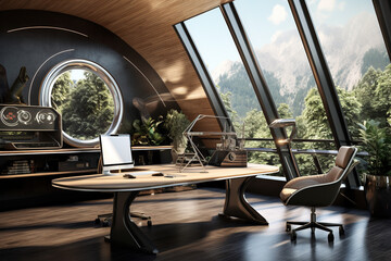 futuristic home office, where cutting-edge technology, sleek design, and a strong sense of innovation come together to create a workspace that embodies the possibilities of tomorrow