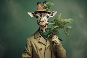 a giraffe holding green leaves, concept eco lifestyle