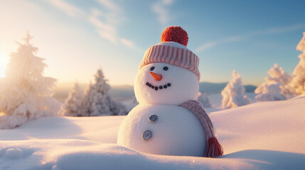 Fototapeta premium Snowman with cap and scarf