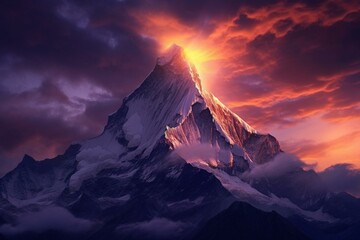 Breathtaking sunset illuminates majestic mountain peak. Generative AI
