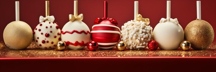 White, green, red and gold colored luxury elegantly cake pops at Christmas with cozy blur light background