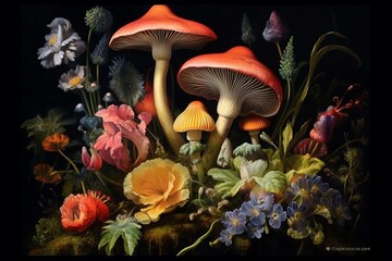 Mushrooms and flowers thrive together on a captivatingly dark backdrop. Generative AI