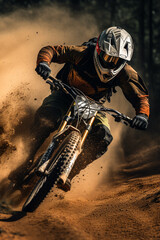 Biker man descending a dirt road on his bike. Downhill cycling