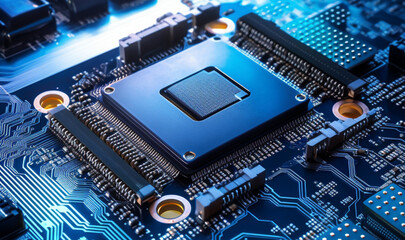 Printed circuit board, microchip. Futuristic concept, technological change.