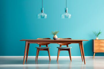 Mid-century modern dining room with wooden table and chairs against a vibrant blue wall.