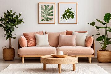 Beige velvet sofa with terra cotta cushions amid lush houseplants. A wooden round coffee table sits near an ottoman atop a knitted rug