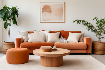 Fototapeta na wymiar Beige velvet sofa with terra cotta cushions amid lush houseplants. A wooden round coffee table sits near an ottoman atop a knitted rug