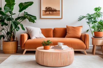 Beige velvet sofa with terra cotta cushions amid lush houseplants. A wooden round coffee table sits near an ottoman atop a knitted rug