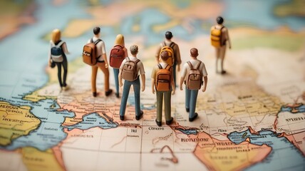 ミニチュアの人々。世界地図の上で旅行する姿。旅行と休暇のコンセプト｜miniature people. Traveling on a world map. Travel and vacation concept. Generative AI - obrazy, fototapety, plakaty