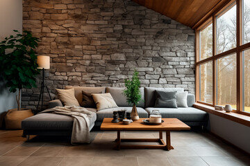 Modern living room with corner sofa by window and stone cladding walls in a farmhouse-style interior design.