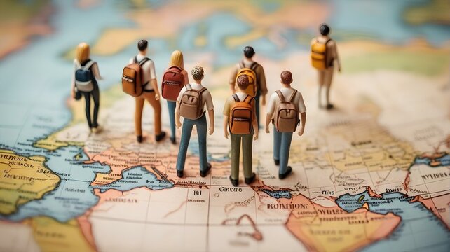 ミニチュアの人々。世界地図の上で旅行する姿。旅行と休暇のコンセプト｜miniature people. Traveling on a world map. Travel and vacation concept. Generative AI
