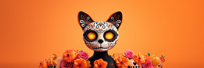 Cute Mexican day of the dead cat in the form of a skull on a light background