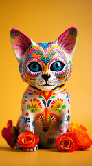 Cute Mexican day of the dead cat in the form of a skull on a light background