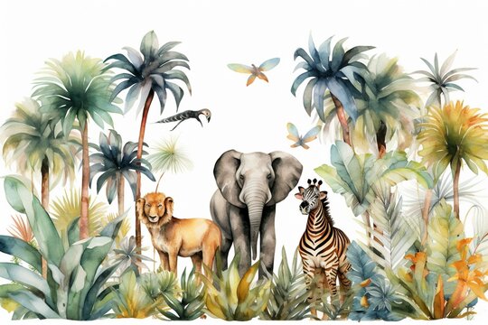 Artwork of African animals and elements in watercolor style - lion, zebra, monkeys, parrots, palm trees, flowers. Ideal for nursery wallpaper. Generative AI