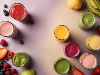 Textured background surrounded by delicious smoothies from top view, background image, generative AI