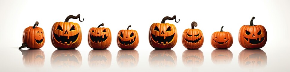 Several Halloween pumpkins, each uniquely carved, were displayed in a row, illuminated in the style of a lightbox.