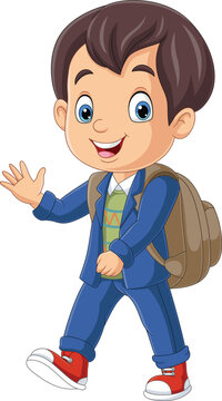 Cartoon school boy with backpack waving hand
