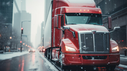 Winter Wonderland: Retro Red Truck in Frosty snow city Setting - Generative Ai