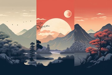 Illustration of Japanese-style mountains, forest, and hilly terrain. Depicts nature in Asian culture, the times of samurai, moon, rocks, and the land of the rising sun. Generative AI - obrazy, fototapety, plakaty