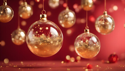 Fototapeta na wymiar Golden Christmas Baubles and New Year 2024 Wallpaper with Bokeh Background, beautiful, elegant sparkly decoration and copy space