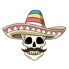 Vector Illustration Of A Head Skull With A Mexican Sombrero Hat