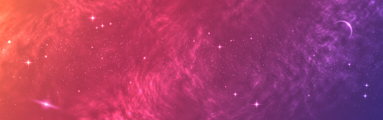 Cosmos wallpaper. Wide starry galaxy. Glowing milky way with stars. Beautiful universe with planets. Space texture with magic clouds. Bright nebula with cosmic dust. Vector illustration