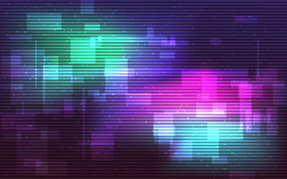 Glitch background. Geometric noise effect. Overlay color shapes. Modern glitched backdrop. Digital video error. Abstract techno texture. Dynamic color lines. Vector illustration